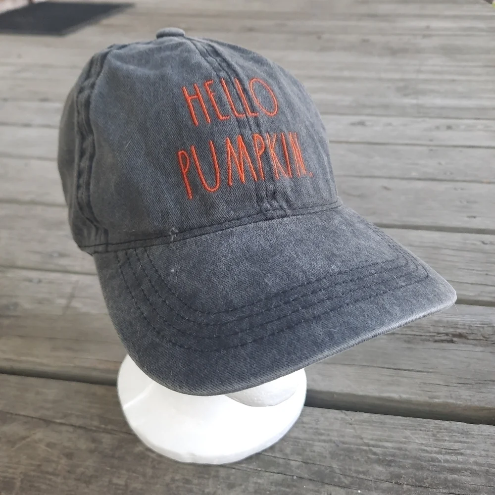 Rae Dunn Hello Pumpkin 100% cotton faded black orange embroidered baseball hat